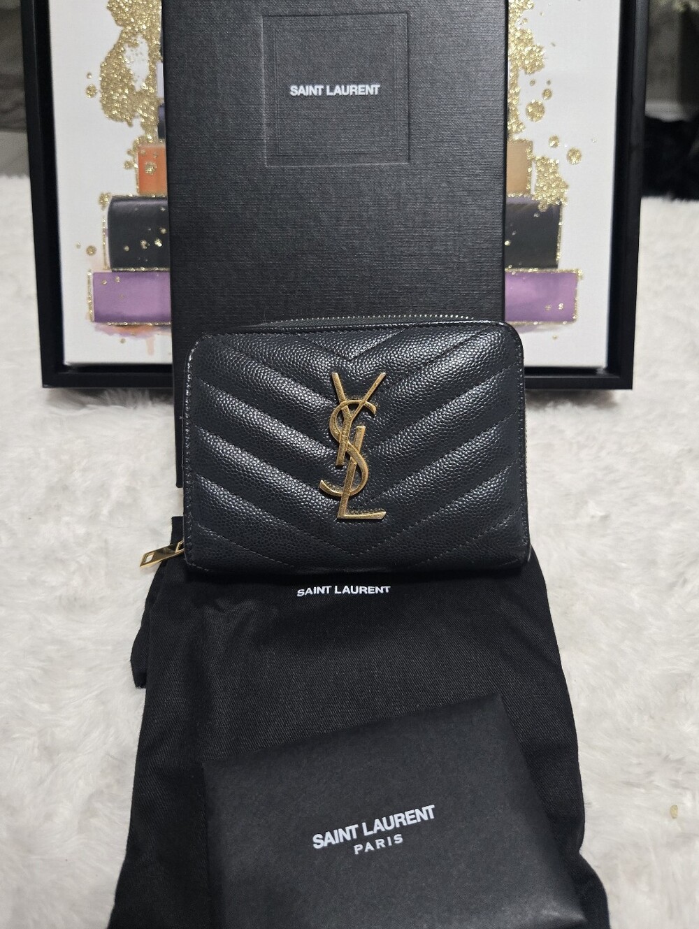 SAINT LAURENT Monogramme quilted textured-leather wallet EUC